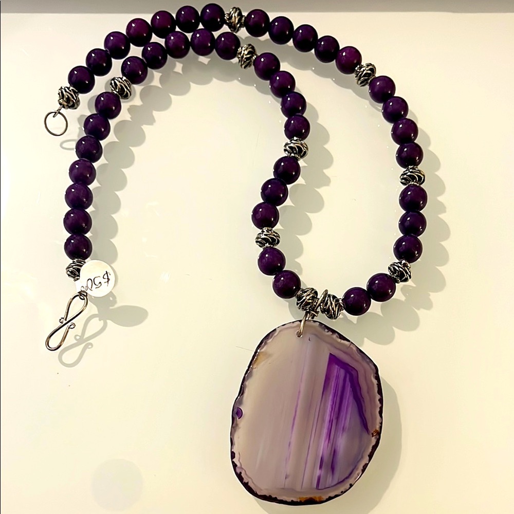 Purple Beaded Necklace with Agate Pendant